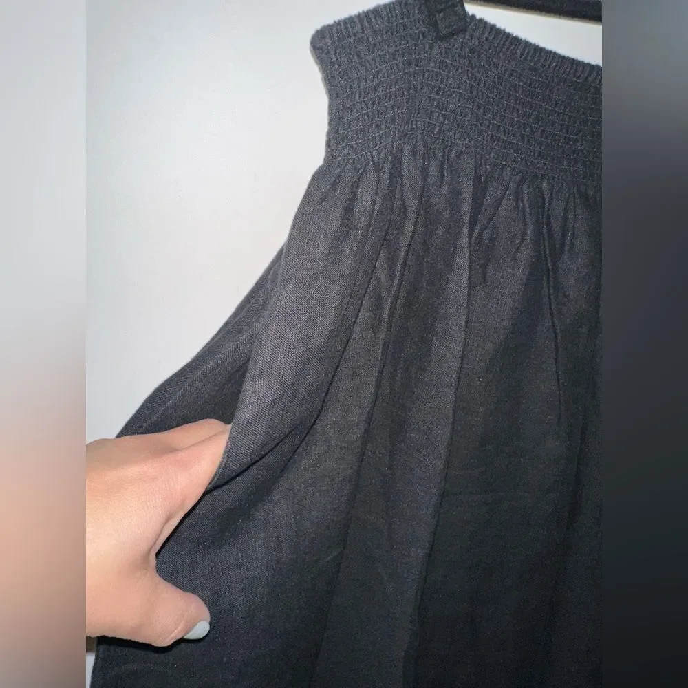 Chico’s Linen Pull On Embroidered Maxi Skirt Black Sz 8 Scallop Hem Side Pockets